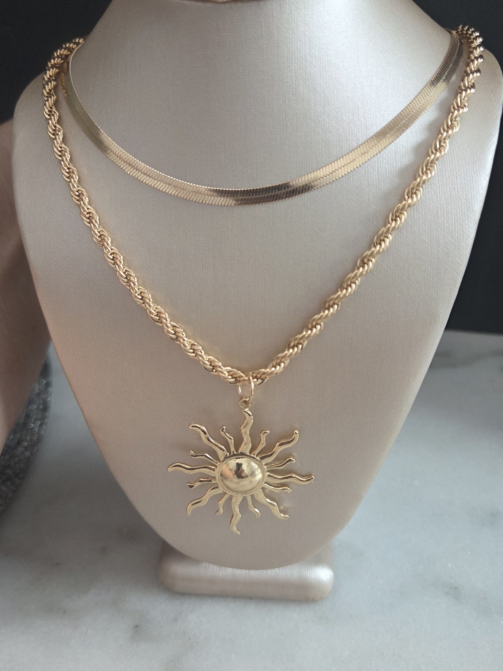 NWT Sun Flame Double Layer Snake Bone Chain Pendant Necklace Adjustable Bohemian